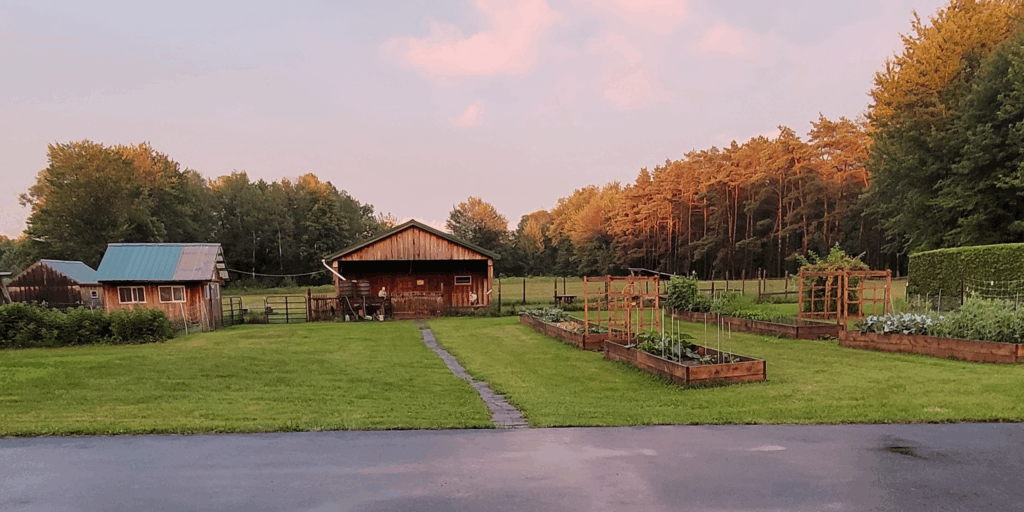 A picture of a barn and chicken coop sitting in a patch of green grass with raised wooden garden beds in front of it.